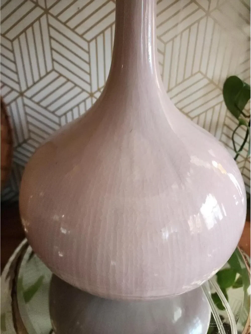 Vintage Large Pink Ceramic Table Lamp With Drum Shade And Ceramic Finial